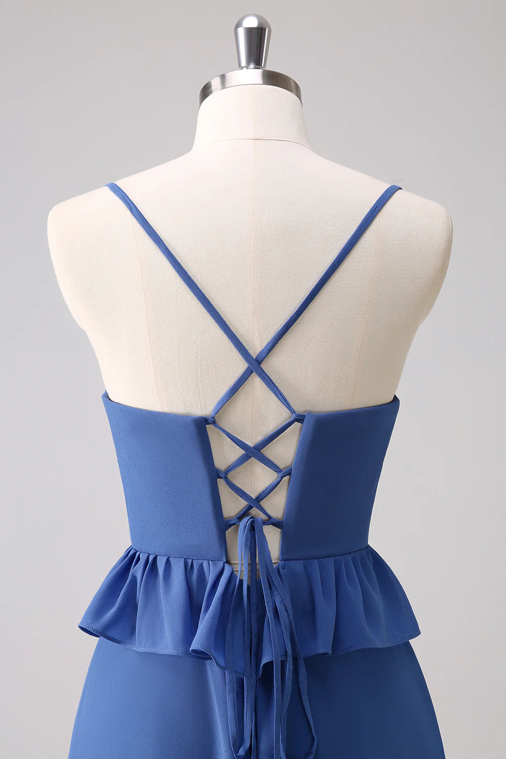 Dark Blue A Line Chiffon Tiered Long Bridesmaid Dress with Lace Up Back