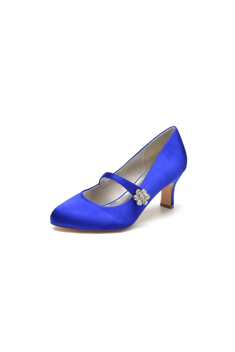 Round Toe Crystal Buckle Strap Chunky Heels