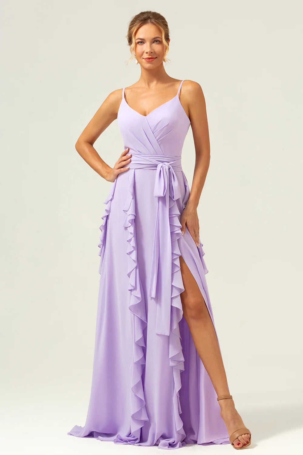 Lilac A Line Spaghetti Straps Chiffon Long Ruffled Bridesmaid Dress with Slit