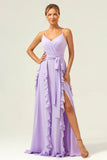 Lilac A Line Spaghetti Straps Chiffon Long Ruffled Bridesmaid Dress with Slit