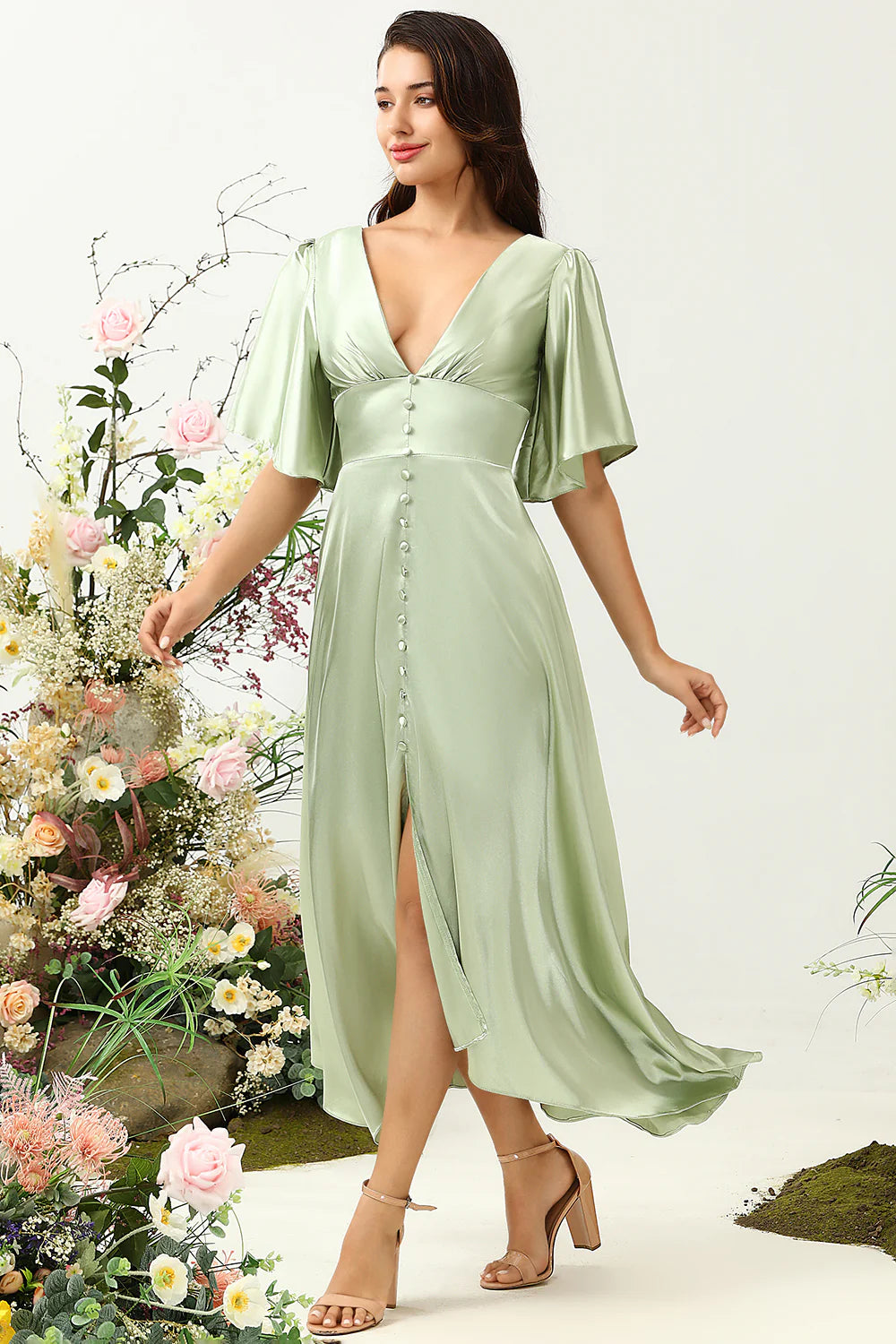 Dusty Sage A Line Deep V Neck Long Bridesmaid Dress with Half Sleeves
