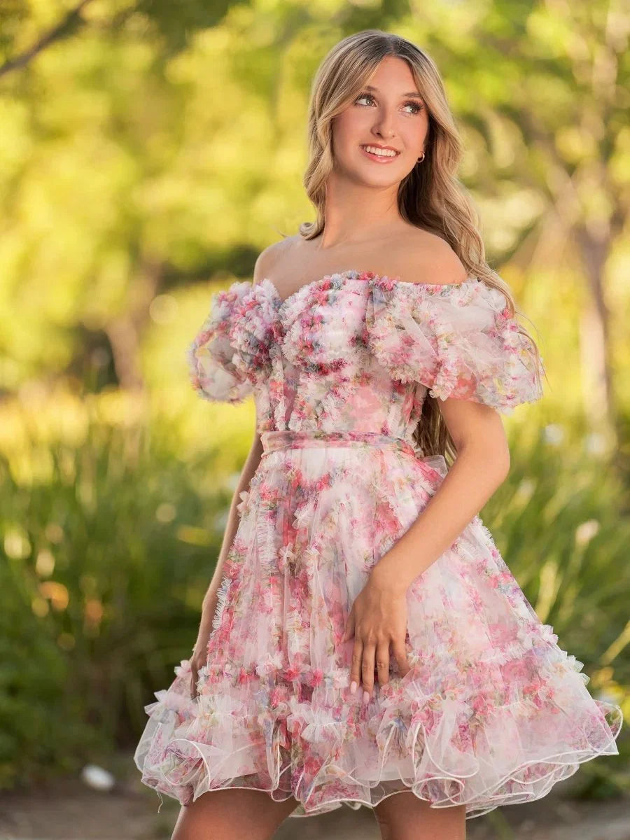 Ivana A Line Off the Shoulder Printed Tulle Short Homecoming Dress