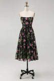 Black Pink Floral A Line Strapless Midi Bridesmaid Dress