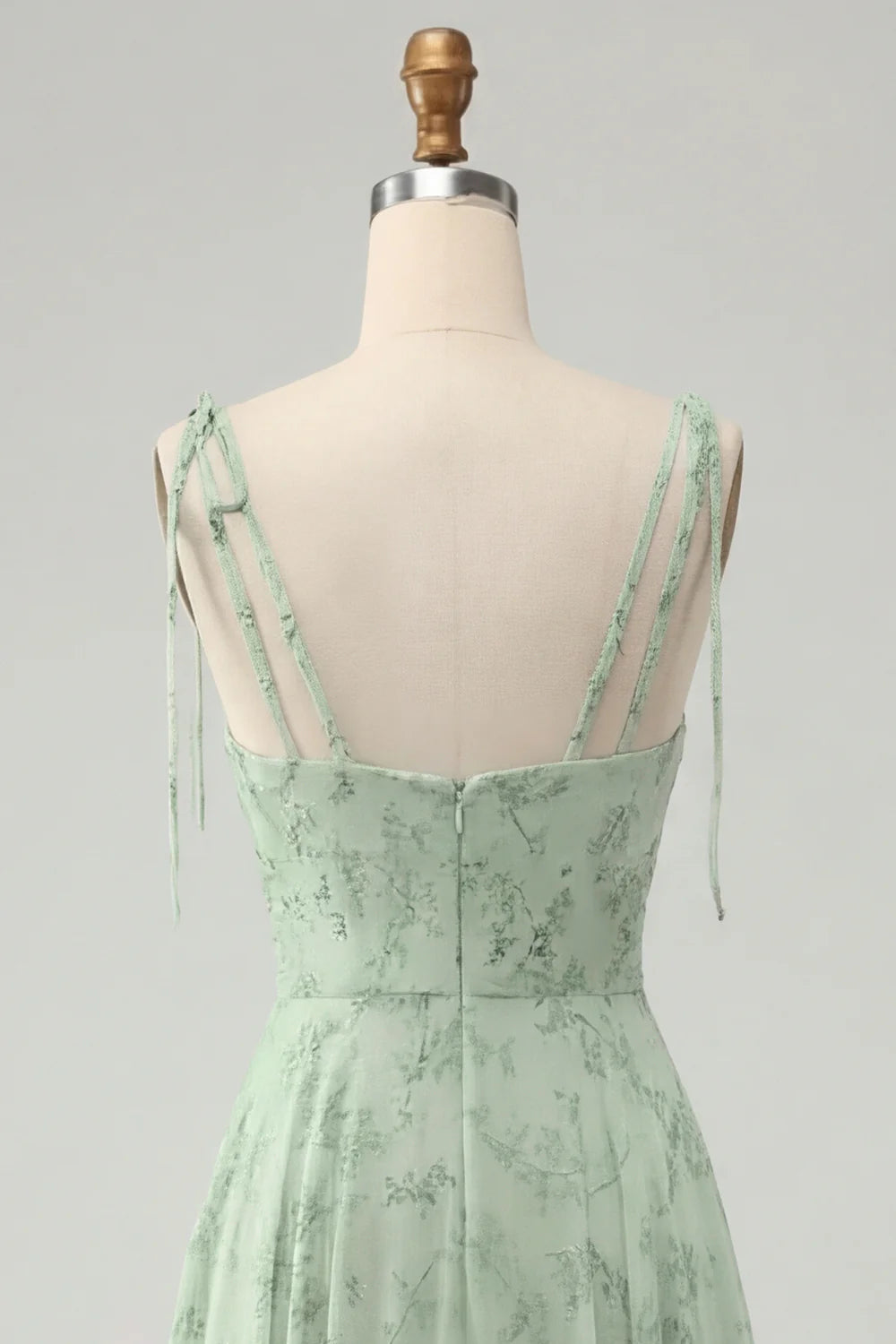 A Line Spaghetti Straps Long Blue Floral Bridesmaid Dress with Ruffles