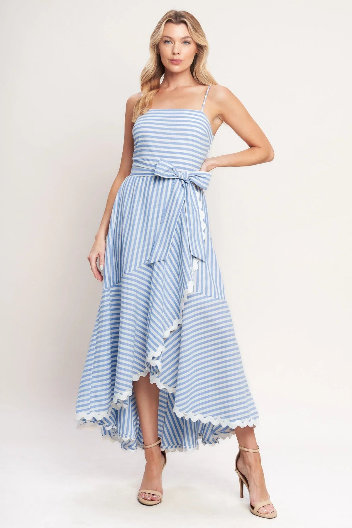 TIED TO YOU BLUE STRIPED MIDI DRESS
