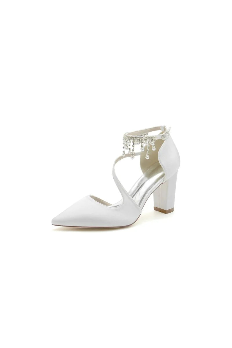 White Satin Pump with Pearl Embedded Chain Heel