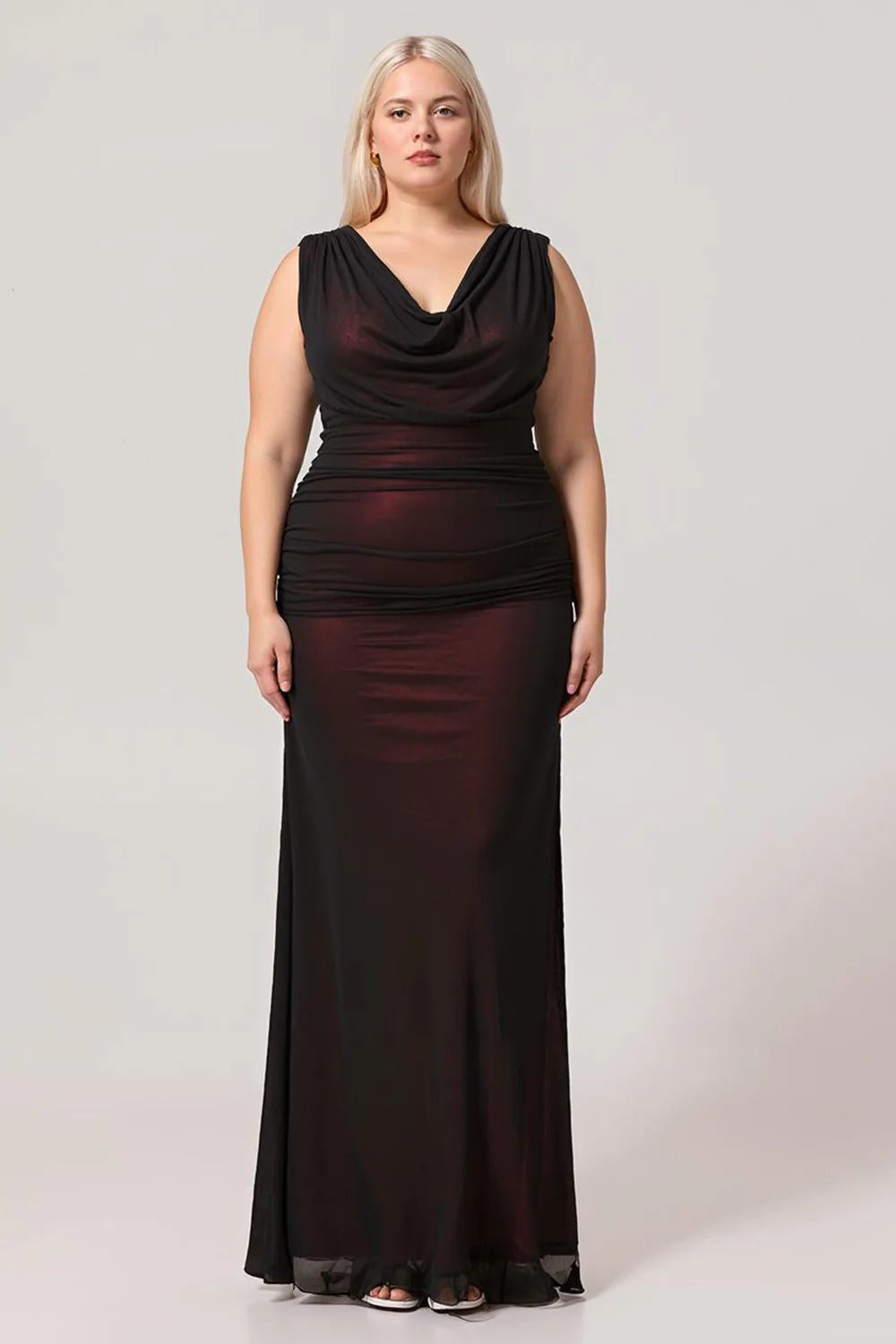 Black Red Sheath Cowl Neck Tulle Open Back Maxi Plus Size Dress with Slit