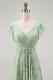 Dusty Sage A Line Chiffon Flutter Sleeves Print Floral Bridesmaid Dress with Slit