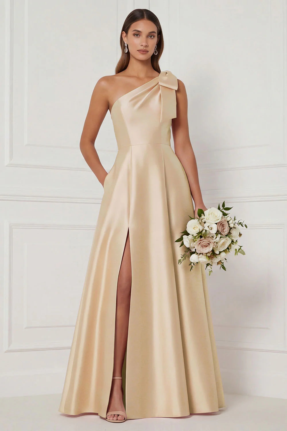 One Shoulder A Line Satin Pink Bridesmaid Dress with Slit