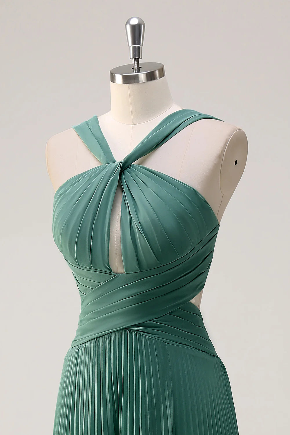 Eucalyptus A Line Hollow Out Pleated Floor Length Bridesmaid Dress with Slit