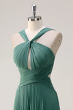 Eucalyptus A Line Hollow Out Pleated Floor Length Bridesmaid Dress with Slit