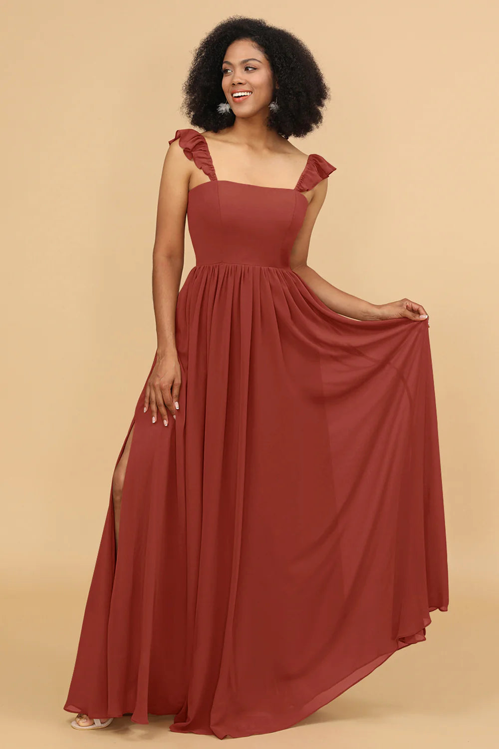 A Line Floor Length Chiffon Bridesmaid Dress With Ruffles