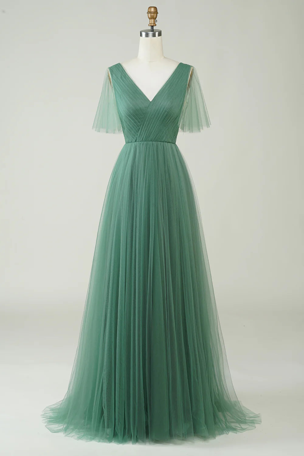 Eucalyptus A Line V Neck Open Back Floor Length Tulle Bridesmaid Dress
