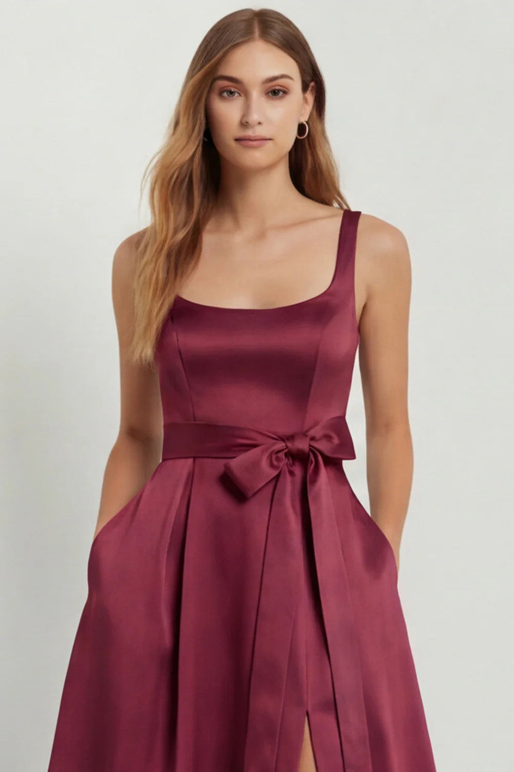Light Blue A Line Square Neck Bow Satin Long Bridesmaid Dress with Slit