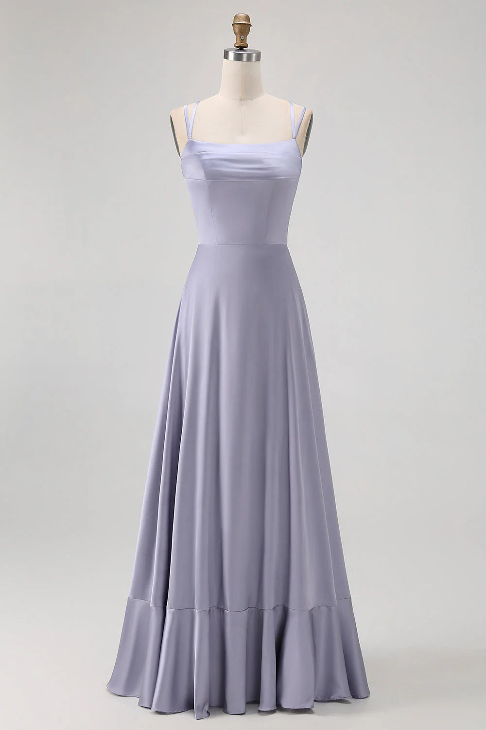 Dusty Blue A Line Satin Long Bridesmaid Dress with Lace Up Back