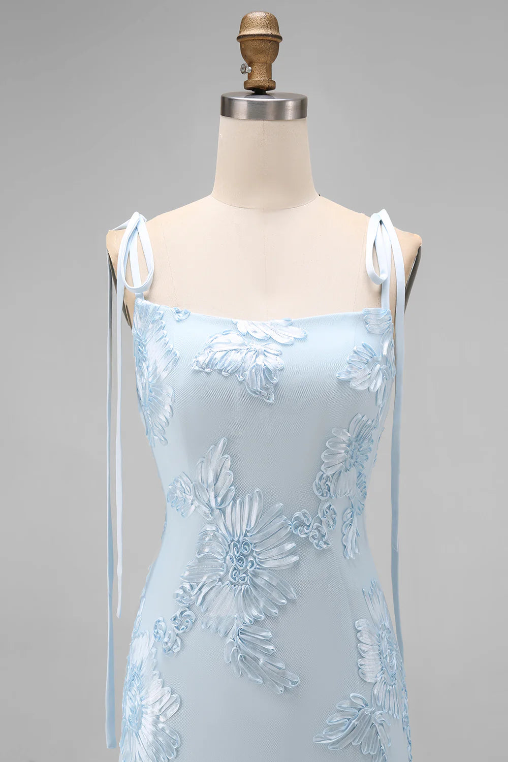 Light Blue Mermaid Spaghetti Straps Long Prom Dress with Appliques