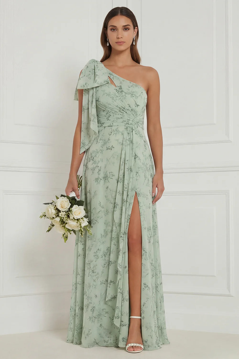 Dusty Sage One Shoulder A Line Floral Bridesmaid Dress with Slit