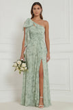 Dusty Sage One Shoulder A Line Floral Bridesmaid Dress with Slit