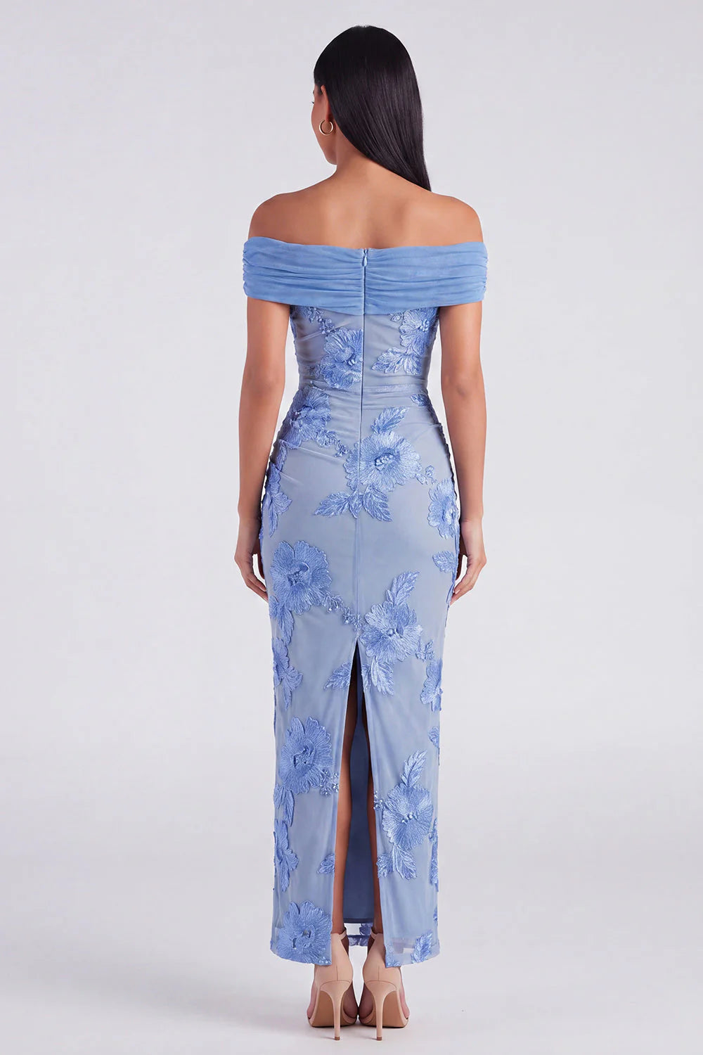 Blue Off the Shoulder Mermaid Floral Wedding Guest Dress