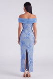 Blue Off the Shoulder Mermaid Floral Wedding Guest Dress