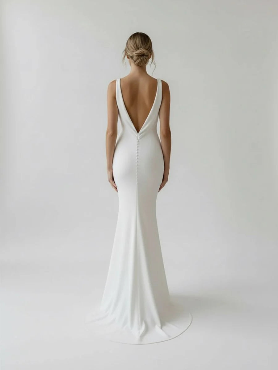 Mermaid Deep V Neck Backless White Wedding Dress