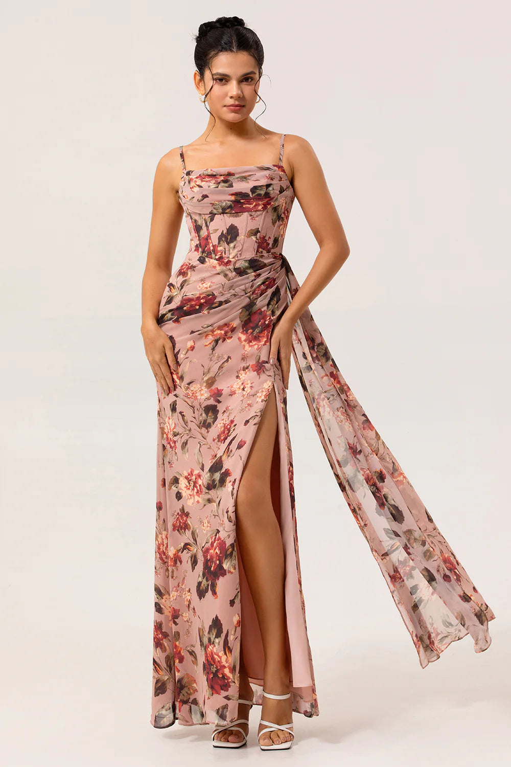 Dusty Rose Flower Spaghetti Straps Corset Ruched Long Bridesmaid Dress with Slit