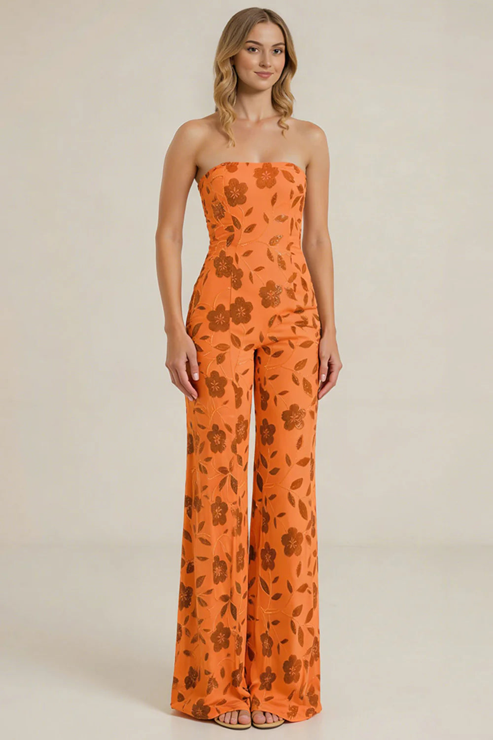 Strapless Orange Floral Sequin Wedding Guest Jumpsuit