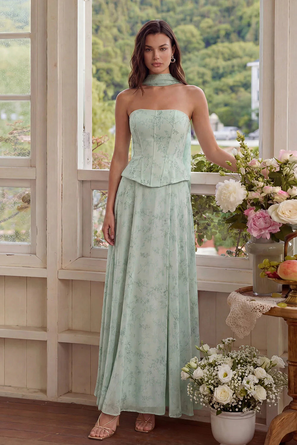 3 Piece Strapless Corset Dusty Sage Floral Wedding Guest Dress