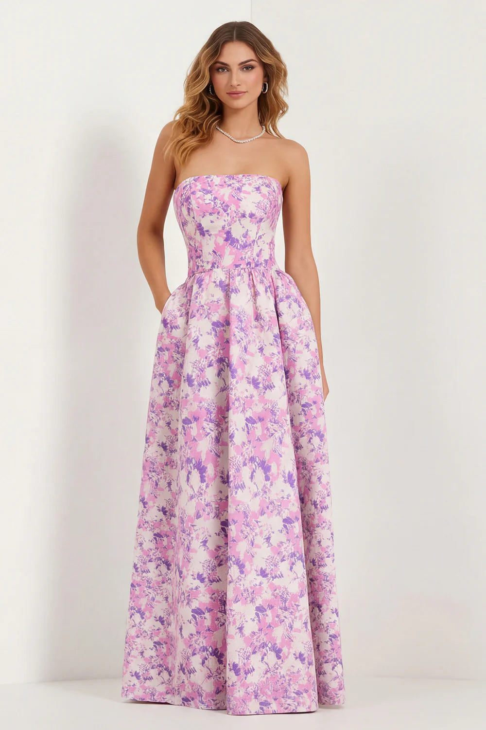 Blue Strapless Print A Line White Floral Long Satin Dress with Pockets