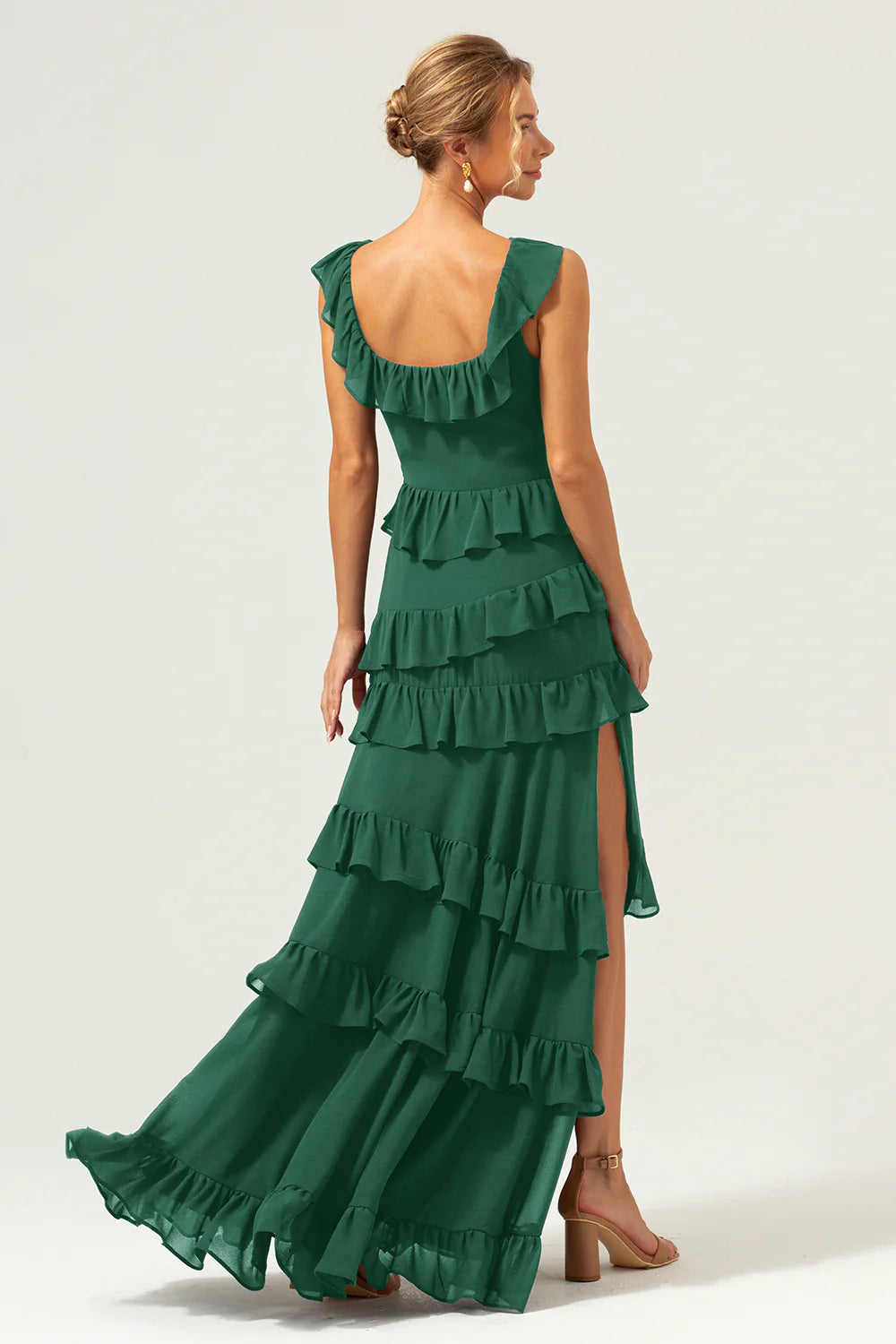 Dark Navy A Line Square Neck Tiered Long Bridesmaid Dress