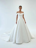Elegant A Line Off the Shoulder White Satin Wedding Dresses