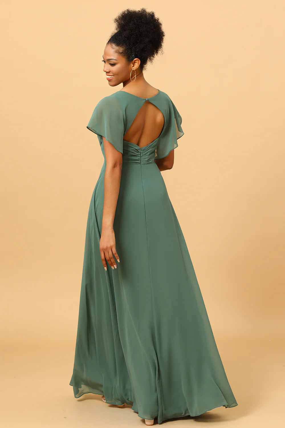 Eucalyptus A Line V Neck Ruched Long Chiffon Bridesmaid Dress with Slit