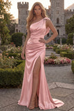 Lilac One Shoulder Satin Mermaid Prom Dress with Slit