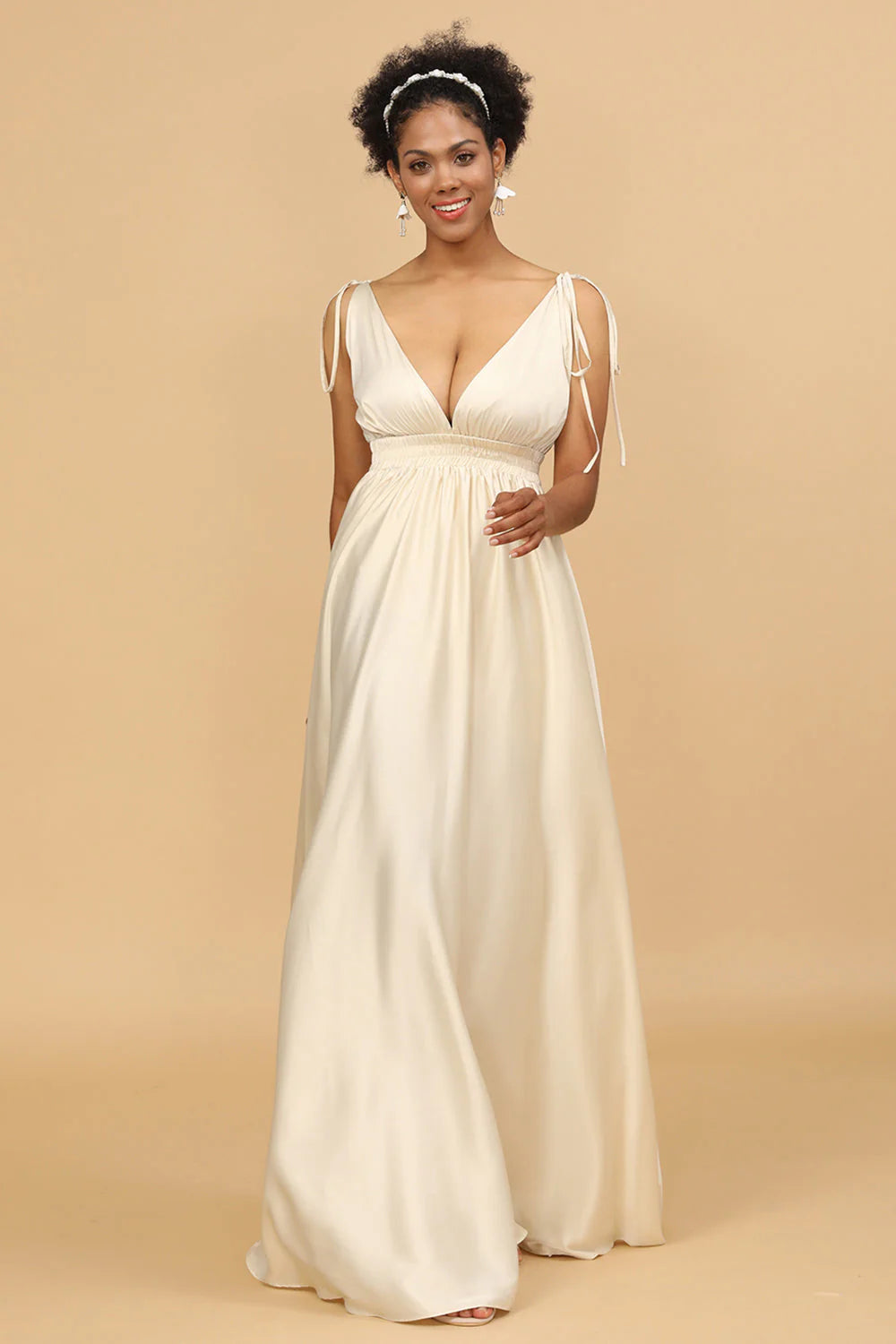 Ivory A Line Deep V Neck Backless Long Bridesmaid Dress