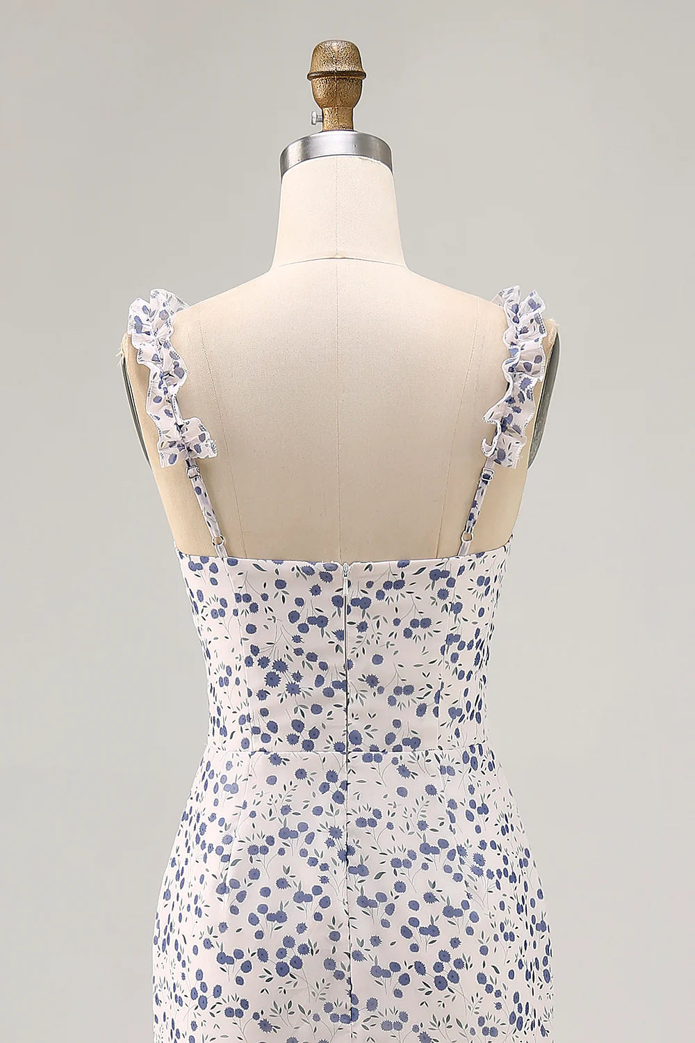 Blue Flower Sheath Chiffon Bridesmaid Dress with Ruffled Slit