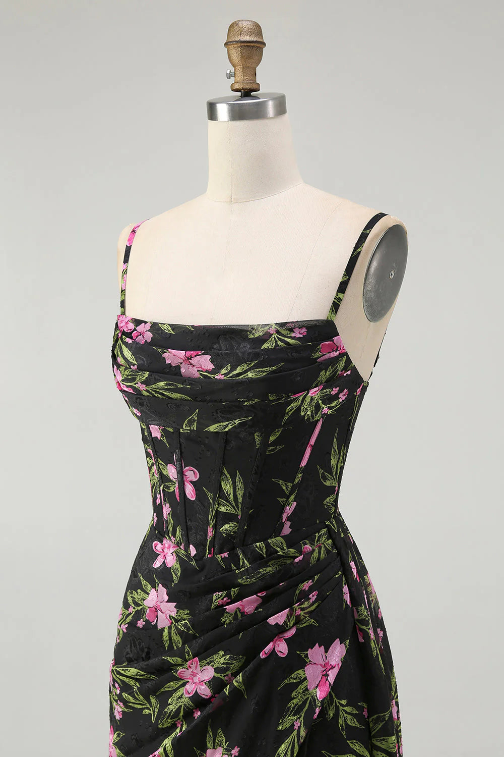 Black Pink Flower Corset Chiffon Long Bridesmaid Dress with Side Streamer