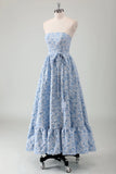 Blue A Line Strapless Ruffled Maxi Dress with Belt