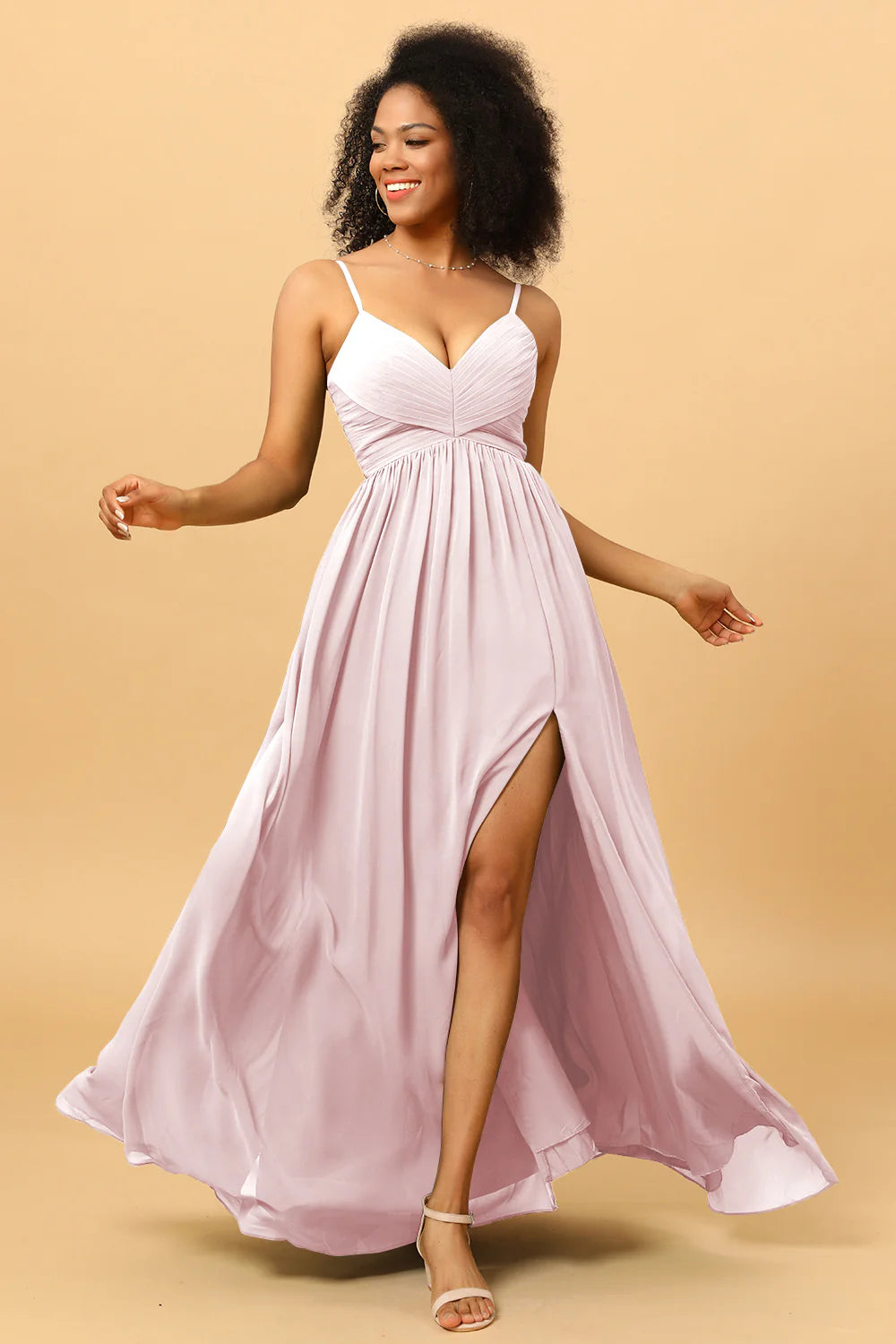 A Line Spaghetti Straps Ruched Long Chiffon Bridesmaid Dress with Slit