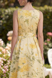 Yellow V Neck A Line Floral Wedding Guest Dress with Sash