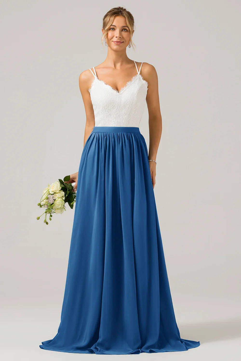 A Line Spaghetti Straps Pleated Long Bridesmaid Dress With Lace