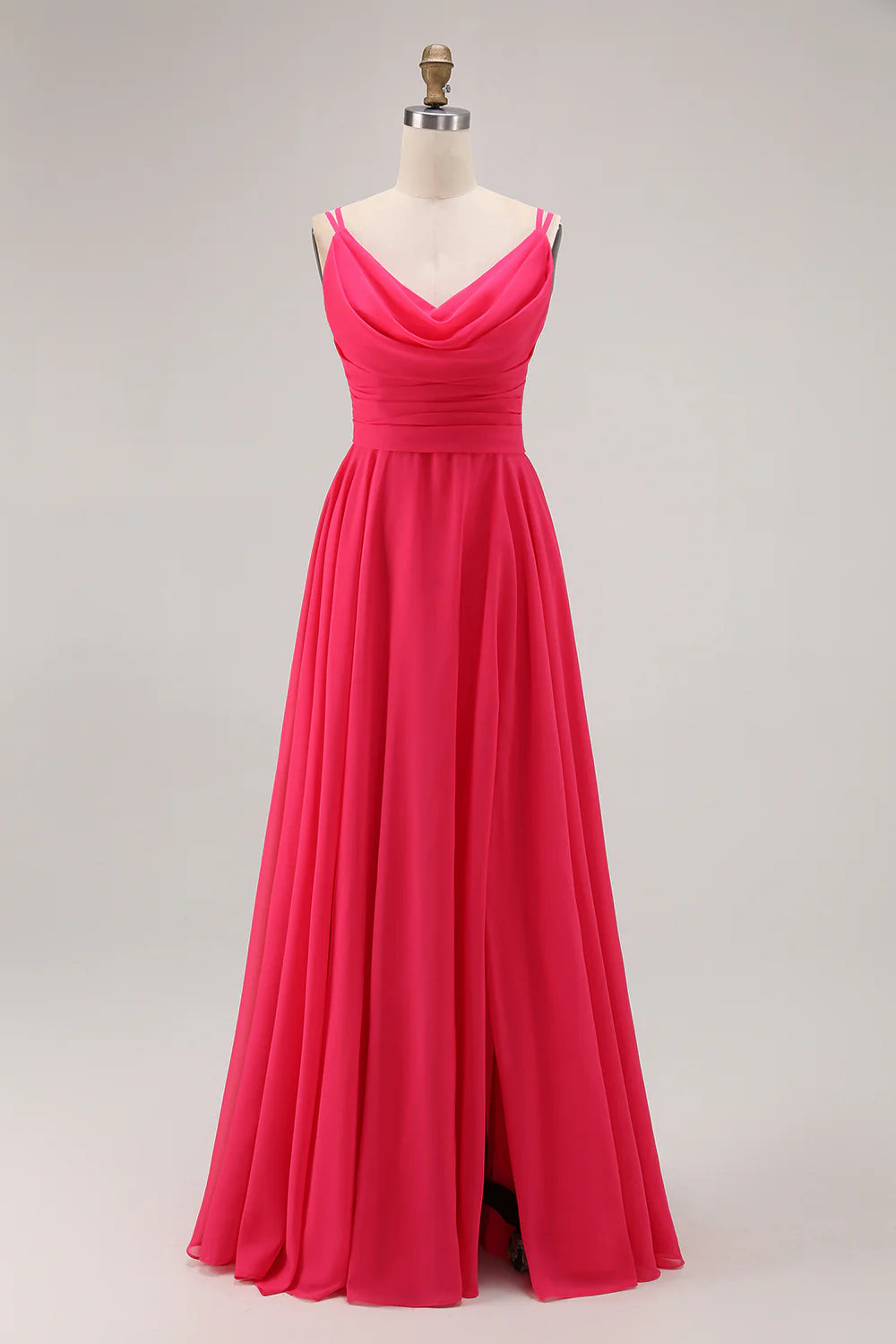 Hot Pink Cowl Neck A Line Chiffon Long Bridesmaid Dress with Slit