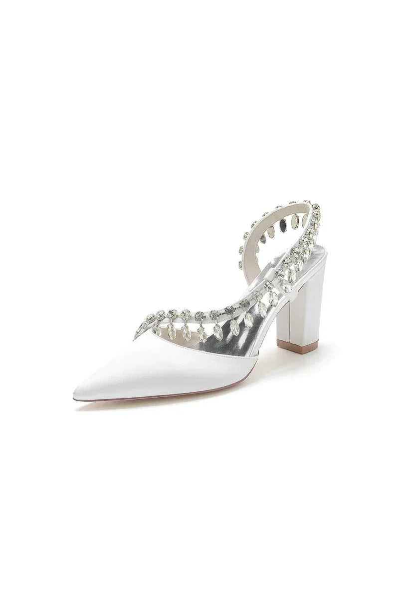 Pointed Toe Beaded Slip on Satin Chunky Heels