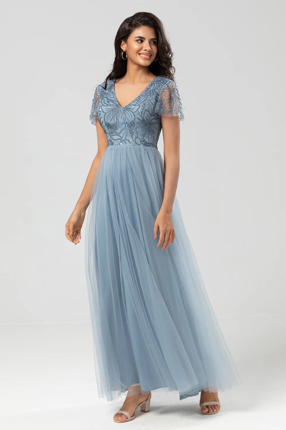 A Line V Neck Embroidered Tulle Dusty Pink Bridesmaid Dress with Beading