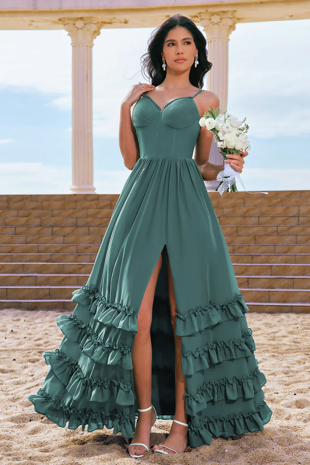A Line Spaghetti Straps Corset Long Ruffled Eucalyptus Bridesmaid Dress with Slit