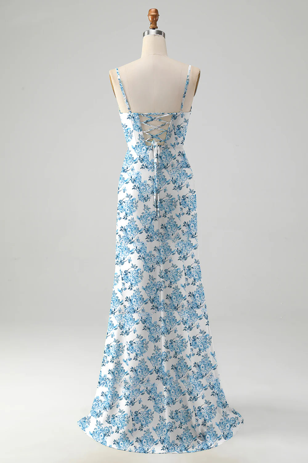 White Blue Flower A Line Cowl Neck Printed Long Bridesmaid Dress With Slit