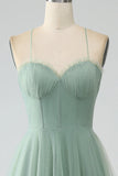 Matcha A Line Spaghetti Straps Tea Length Corset Tulle Bridesmaid Dress