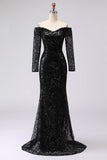 Off The Shoulder Black Sheath Mesh Lace Formal Dress