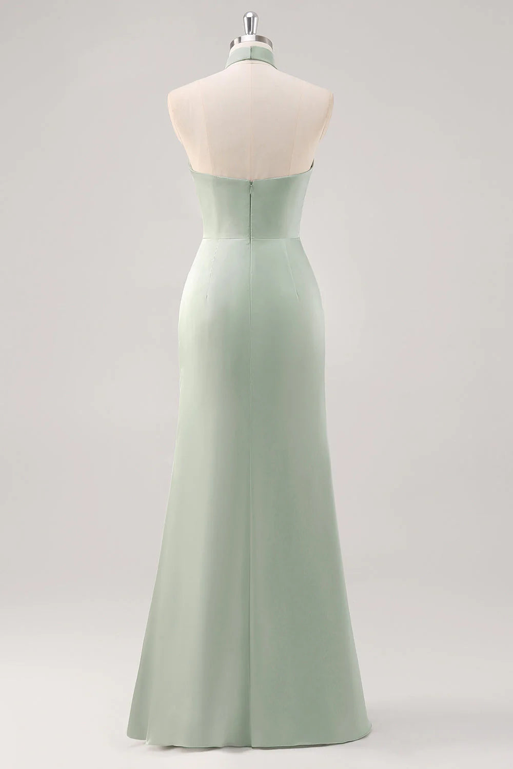 Sage Green Sheath Halter Ruched Satin Long Bridesmaid Dress with Slit