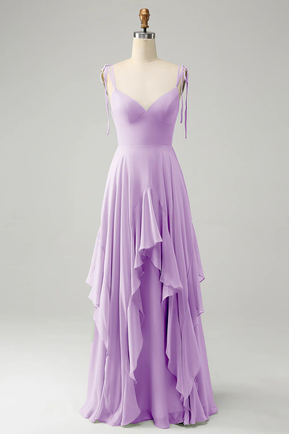 A Line Spaghetti Straps Chiffon Long Bridesmaid Dress with Ruffles