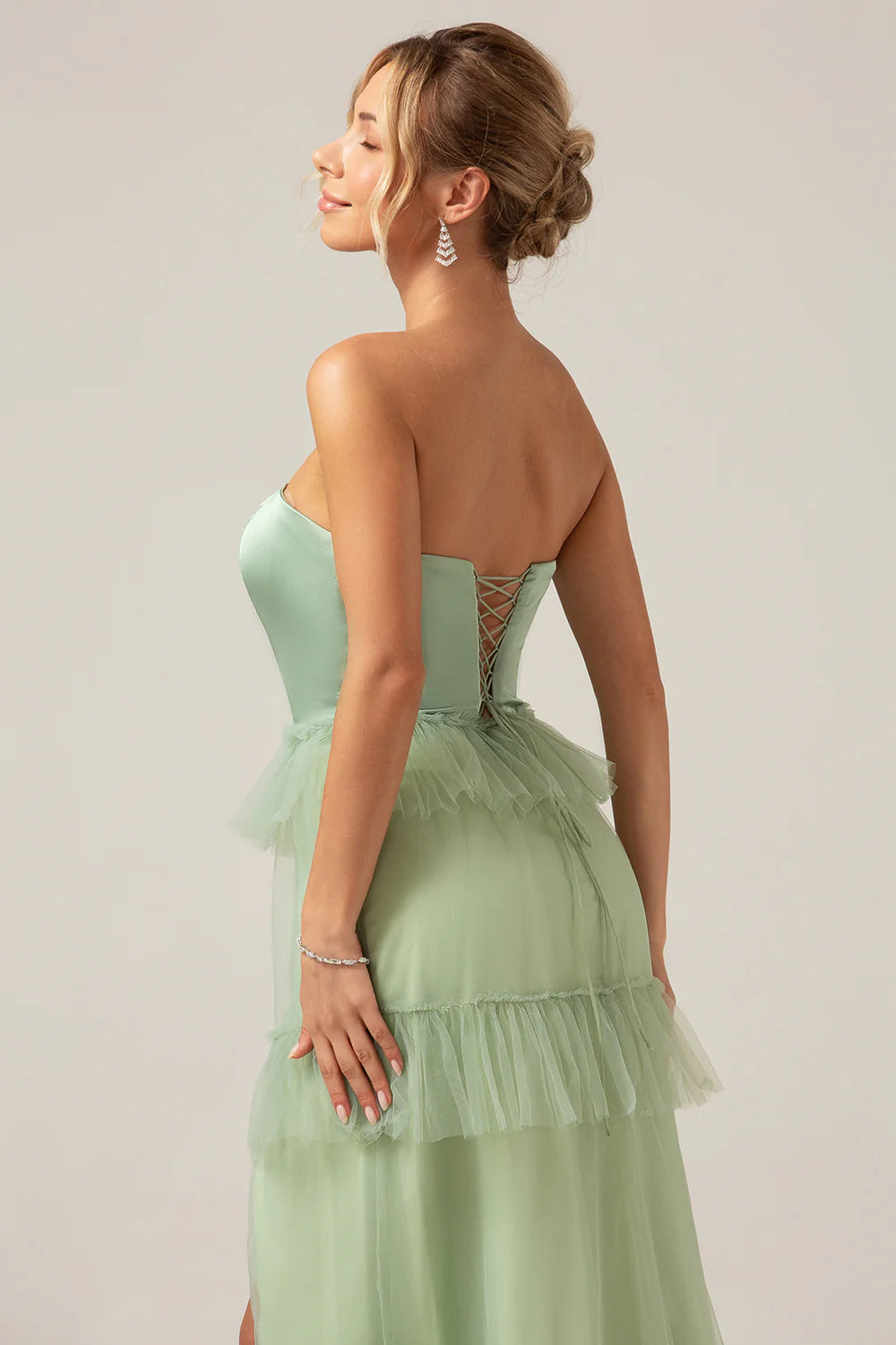Matcha A Line Tiered Strapless Tiered Long Bridesmaid Dress With Slit